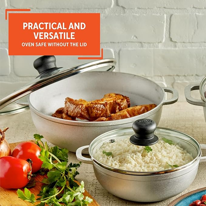 IMUSA Caldero Stock Pot with Glass Lid 3pc Set, 1.5/2.5/5.2qt, Cast Aluminum, Perfect for Serving Medium & Small Groups, Riveted Handles, Made in Colombia, Silver.