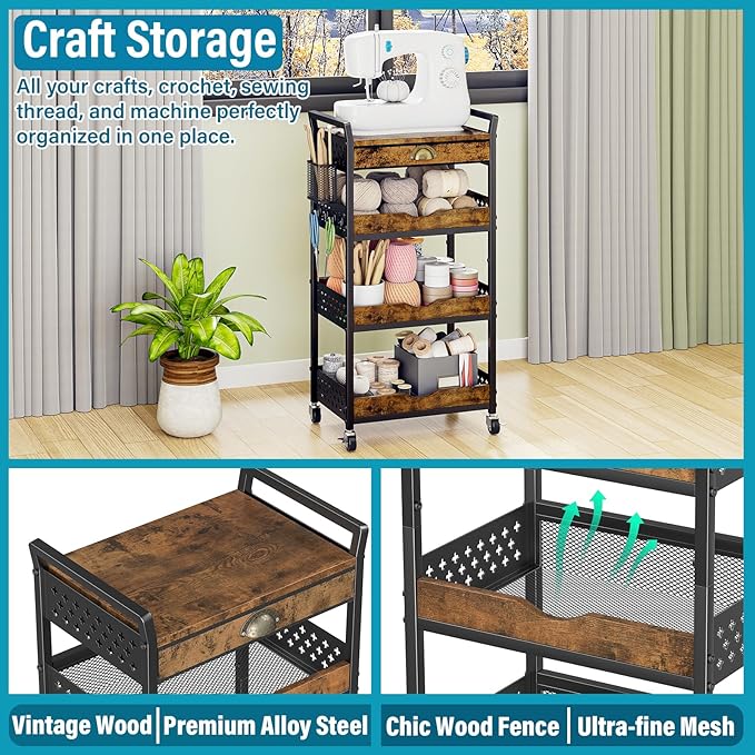 Rolling Cart Organizer with Removable Drawer, 4-Tier Art and Craft Storage Cart, Nail Makeup Organizer, Metal Utility Cart with Wheels for Kitchen Bathroom Essentials, Coffee Supplies, Snack