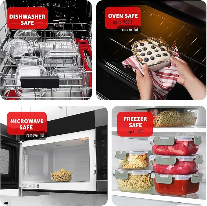 Nestl 24pc Glass Storage Containers with Lids, 12 Glass Food Storage Containers with 12 Airtight Lids for Pantry & Kitchen, Meal Prep Containers for Lunch, Oven Microwave & Dishwasher Safe, Sage Green