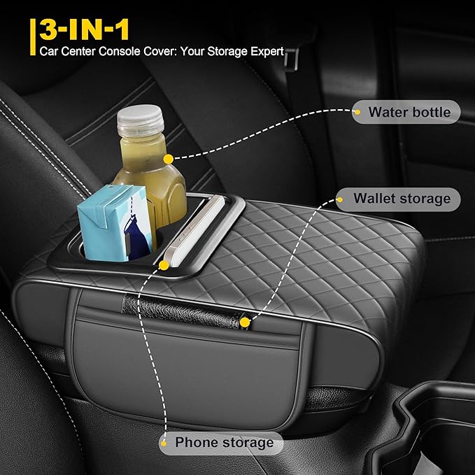Center Console Cover for Lacrosse: Armrest Cover for Car with 2 Storage Bags - Waterproof Leather Center Console Cover with Cup Holder for Car,Anti-Scratch Auto Armrest Pad Accessory （Grey