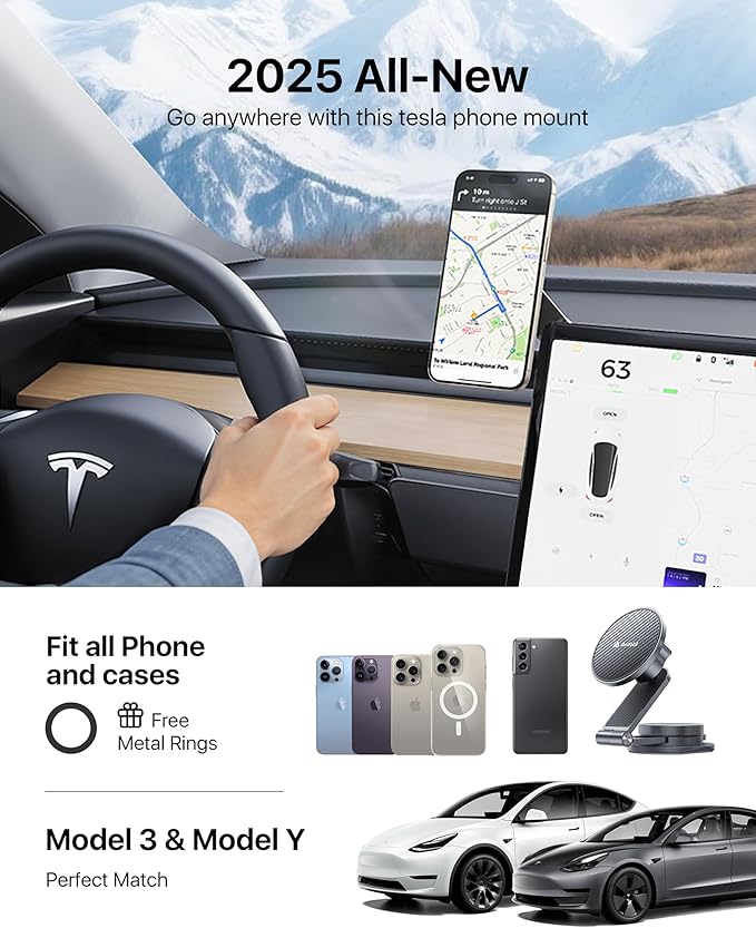 andobil Upgrade Tesla Phone Mount [Strong Magnet & Foldable] MagSafe Car Mount for Tesla New Model Y Juniper Model 3, 360° Adjustable Tesla Phone Holder fits iPhone 17 16 15 Pro Max, Tesla Accessories