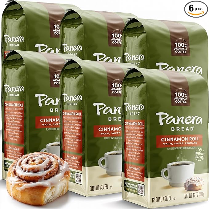 Panera Coffee Cinnamon Roll Ground Coffee, 100% Arabica Medium Roast, Bakery-Inspired Flavor, No Artificial Ingredients, 12oz Bag Pack of 6 (72 oz Total) for Home Brewing