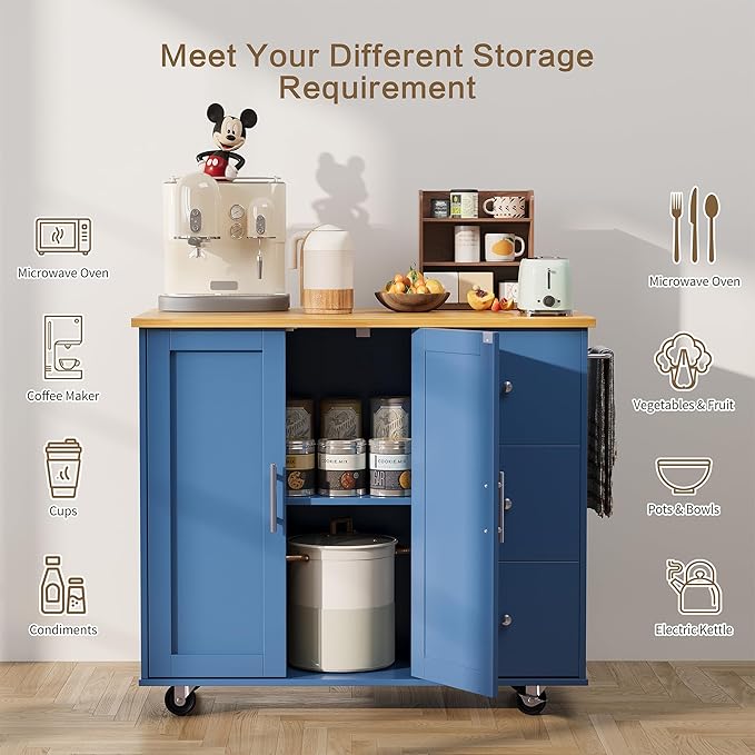 SUNLEI Kitchen Island on Wheels with Storage Cabinet & Foldable Drop Leaf, Rolling Kitchen Table, Cart Handle for Towel Rack, Drop Leaf, Portable Islands for Kitchen (Classic Blue, 39.7-INCH)