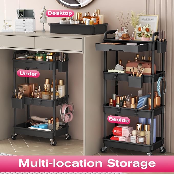 Goovilla Rolling Makeup Organizer Cart with Removable Drawer, 4 Tier Stable Black Floor Skincare Storage Cart for Vanity, Cosmetic Display, Nail Polish, Perfume, Hair Stuff, Beauty, Bathroom(Plastic)