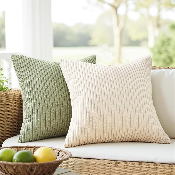Topfinel Green White Spring Pillow Covers 18x18 Inch Set of 4 Boho Nordic Cushion Covers Soft Corduroy Home Decor for Couch Bed Sofa Living Room