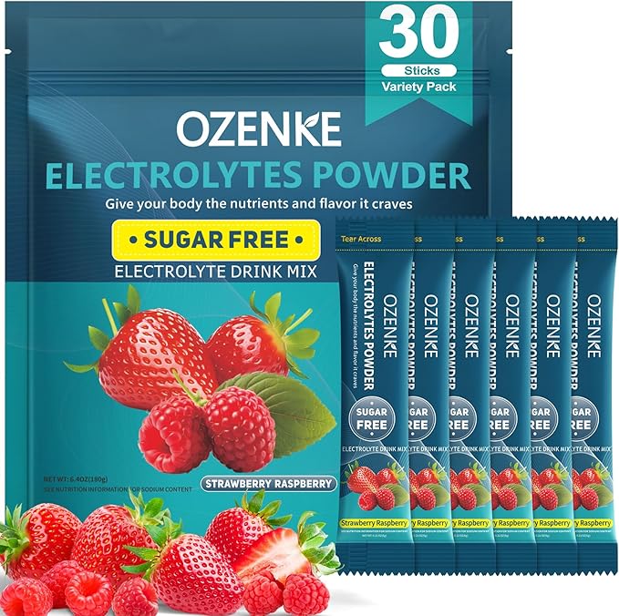 30 Sticks Electrolyte Powder Packets Sugar Free Hydration Packets Electrolytes Drink Mix for Rapid Hydration, Strawberry & Raspberry Flavor
