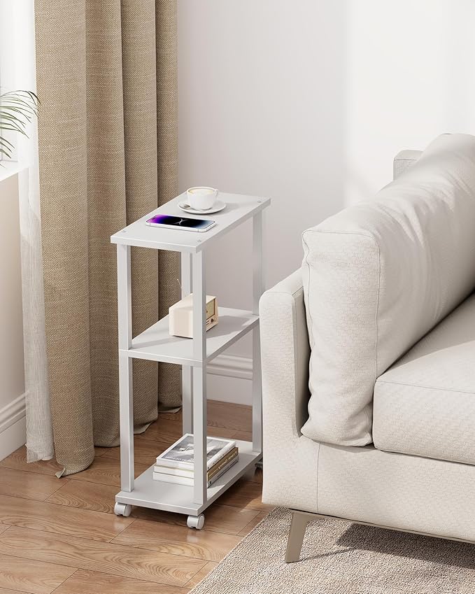 TUTOTAK Small Side Table, Narrow End Table, Bedside Table, Couch Side Table with Wheels for Living Room or Bedroom, White TB01BW061