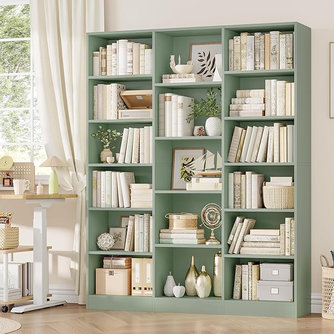 FACBOTALL Triple Wide Bookshelf, 6 Tier Large Bookshelf, Bookcase with 17 Open Display Shelves, 74'' Tall Bookcases and Bookshelves for Living Room, Home Office, Library, Green