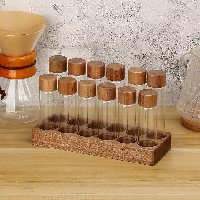 JUXYES Set of 12 Single Dose Coffee Bean Storage Tubes with Wooden Stand and Lids, Dosing Glass Vials for Coffee Storage, Coffee Bean Container Cellars, Espresso Bean Canisters Set, 2 fl oz, 1.7 fl oz
