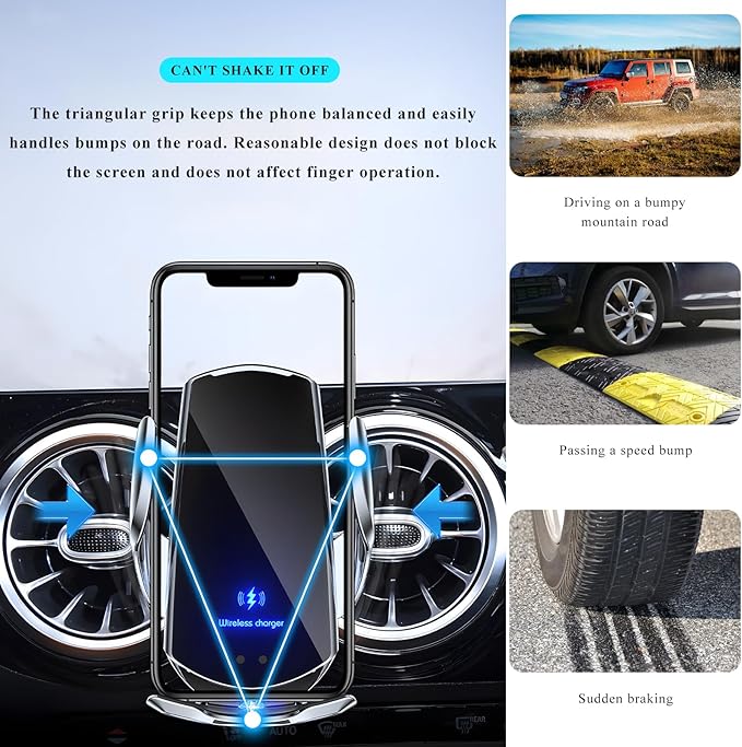 Sun Walker Wireless Car Charger Mount, Electric Induction 15W Fast Charging Bracket Air Vent Phone Holder, Auto-Clamping Wireless Charger Vent Mount Compatible with Most Smartphones (Silver)