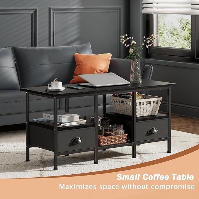Furologee 35" Coffee Table with 2 Storage Drawers, Small Coffee Tables for Living Room, Modern Center Table with 2 Tier Shelf, Black