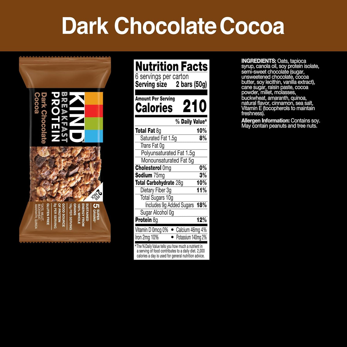 kind breakfast protein bars, dark chocolate cocoa, gluten free, healthy 8g protein snacks, 6 count boxes