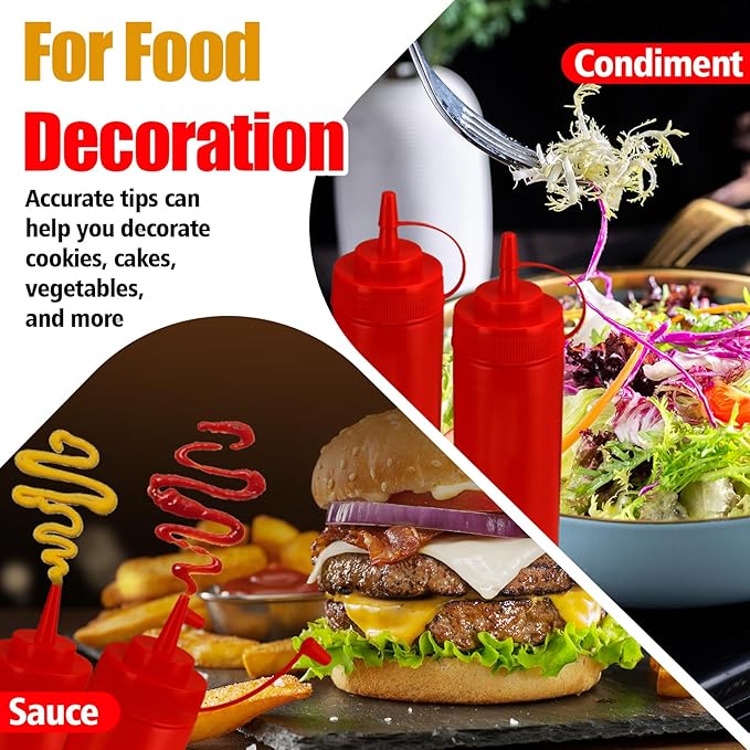 Squeeze Bottles for Sauces,Leak-Proof Condiment Dispenser, BPA-Free Kitchen Restaurant Squeeze Bottle Set with Wide Mouth for Ketchup, Mustard,Syrup,Dressings (Red, 6Pack-12oz(300ml))