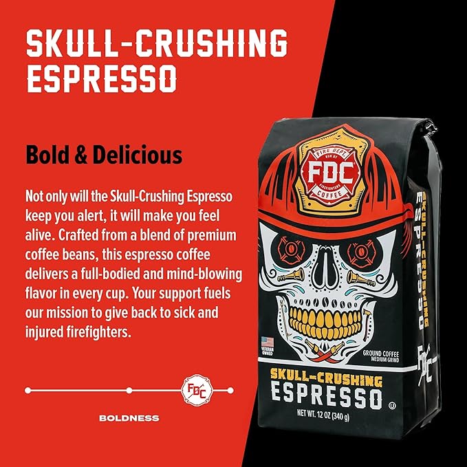 Fire Department Coffee Skull-Crushing Espresso Dark Roast Ground Coffee - 12 oz (2 Pack) - Gives Back to Firefighters - Roasted in the USA - Veteran Owned