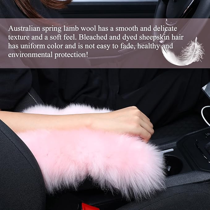 Frienda Furry Armrest Cover Auto Center Console Cover Car Soft Console Pad, Real Sheepskin Wool Soft Fluffy Auto Center Armrest Pad for Most Car Decoration Protector(Light Pink)