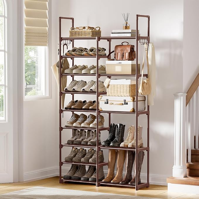 WOWLIVE 9 Tiers Large Shoe Rack Brown Shoe Rack Organizer for Closet 30-35 Pairs Stackable Heavy Duty Shoe Shelf Shoe Storage with Metal Pipes Plastic Connectors