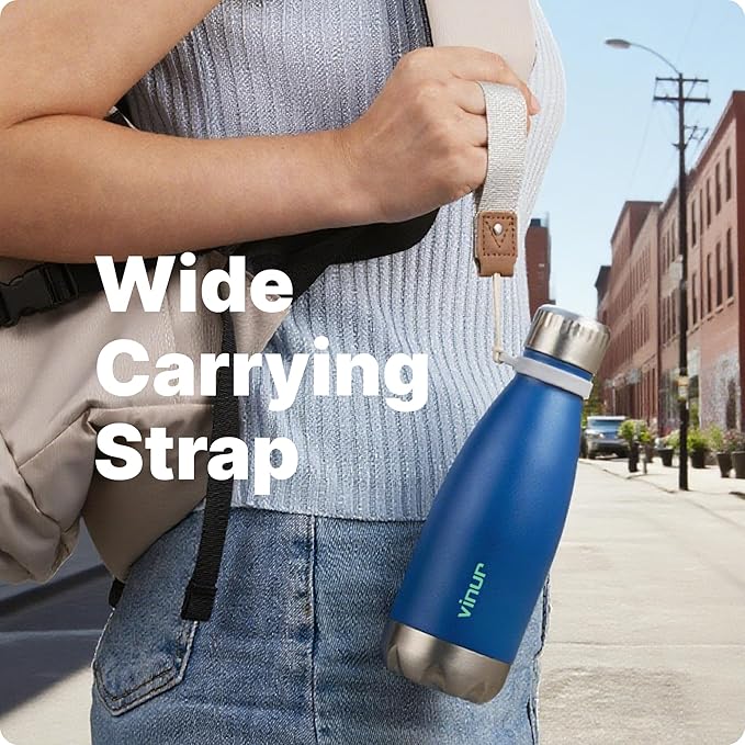 VINUR Kids Water Bottle-12 oz Stainless Steel Double Wall Vacuum Insulated Water Bottle for School-Cola Shape Flask with Carry Rope(Navy)