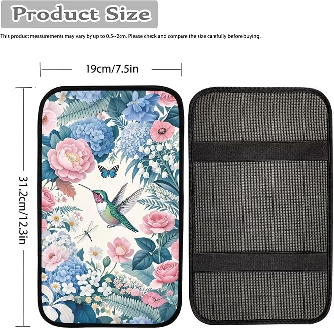Blue Pink Floral Hummingbird Print Auto Center Console Cover Arm Rest Cover for SUV Truck,Soft Car Arm Rest Cover Universal Fit