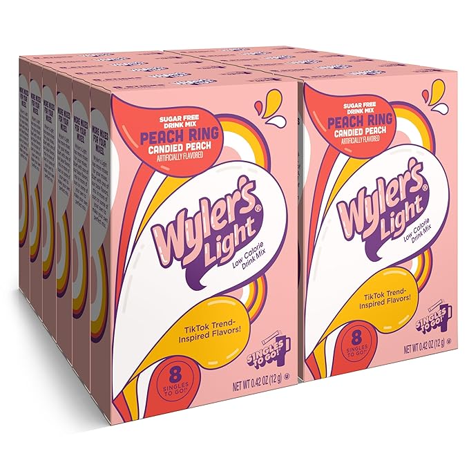 Wyler's Light Singles To Go Powder Packets, Water Drink Mix, Watertok Peach Ring, 96 Servings, 8 Count x Pack of 12