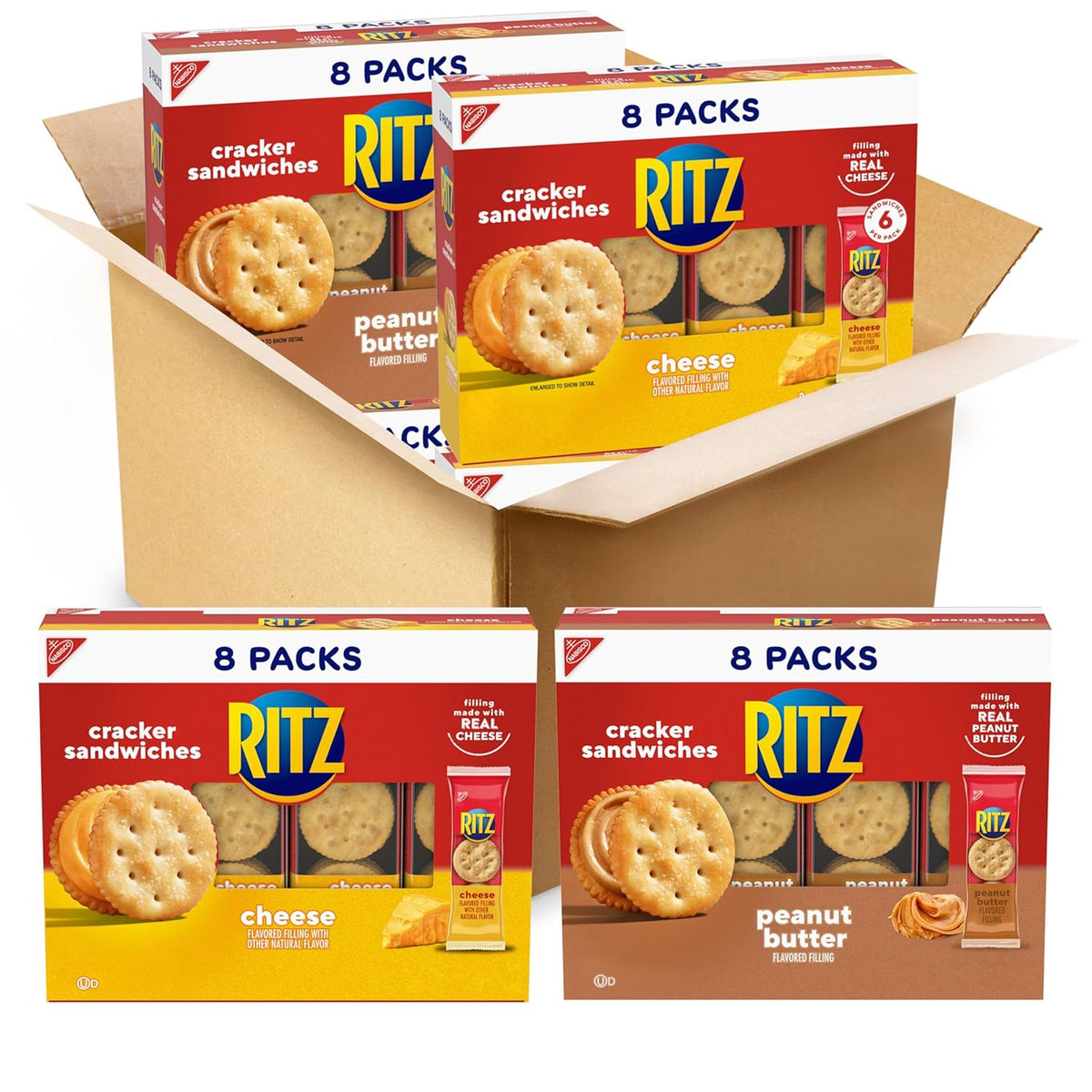 ritz peanut butter and cheese sandwich crackers variety pack, 32 snack packs, 6 crackers per pack