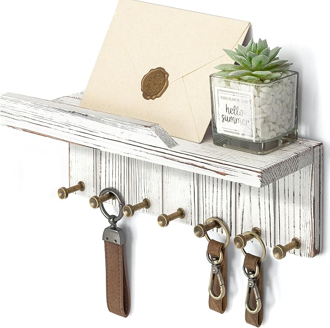 Rebee Vision Farmhouse Key Holder Wall Mount - Key and Mail Holder for Wall with 7 Sturdy Key Hooks and Floating Shelf - Boho Decor for Apartment Essentials (Whitewash)