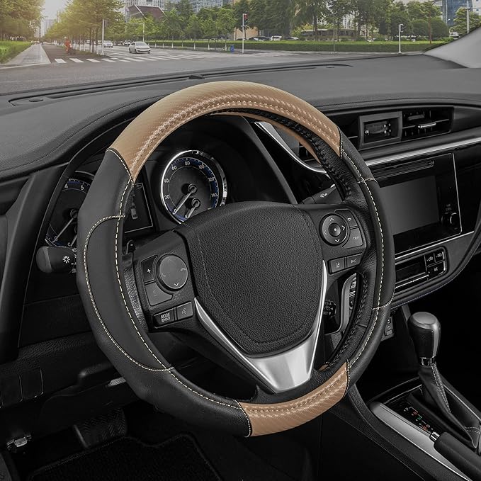 Motor Trend GripDrive Carbon Fiber Steering Wheel Cover, Non-Slip Sporty Racing Faux Leather Ergonomic Comfortable Handle, Steering Wheel Cover for Cars Trucks Vans SUV - Fits Standard 15 Inch - Beige
