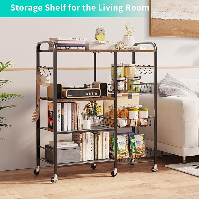 HapiRm Rolling Kitchen Microwave Cart - 4 Tier Microwave Table Stand with Pull-Out Baskets, Coffee Bar Baker's Rack with Wheels Rolling Storage Cart Organizer Shelf for Living Room Office, Balcony