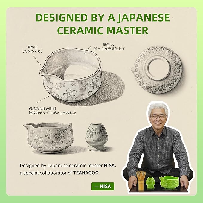 TEANAGOO 7-PCS Green Matcha Whisk Set, Complete Ceremony Start Kit, Ceramic Chawan Bowl with Spout, Whisk & Accessories, Traditional Matcha Tea Set for Lattes& Gift Giving