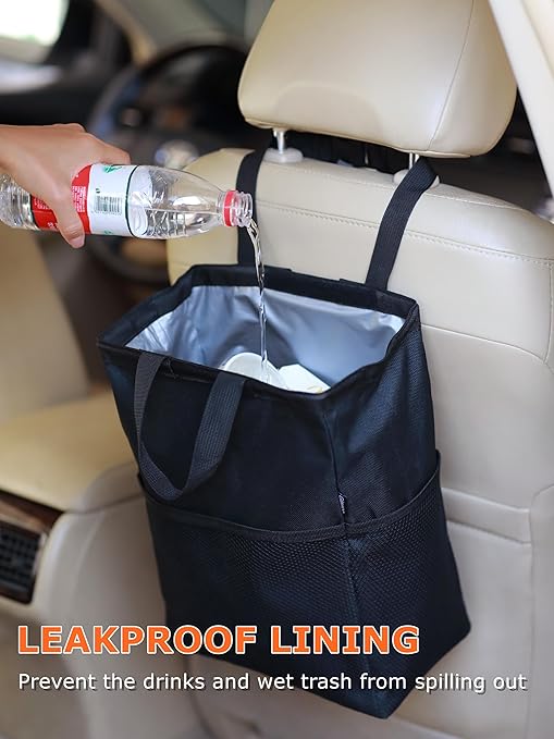 Ginsco 2 Pack New Leak-Proof Travel Car Trash Bag, 3.5 Gallons Large Capacity Hanging Car Trash Can with Hook and Loop Lid and Handle, Multipurpose Trash Bin with Storage Pockets for SUV RV Camping