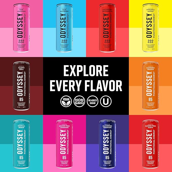 Odyssey Functional Energy Drink for Focus, Cognition & Mood Support 12 Pack - Adaptogenic Drink with 85mg Green Tea Caffeine, Lion’s Mane, Cordyceps, L-Theanine & Ginseng, Sparkling Orange