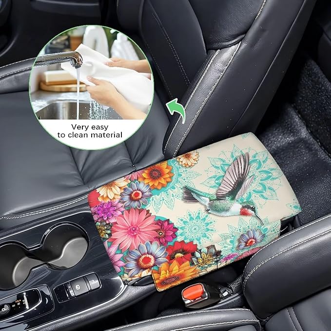 Dreaweet Boho Hummingbird Arm Rest Cover for Car Women Thick Center Console Armrest Pad with Pockets Auto Car Car Center Console Cushion Pad