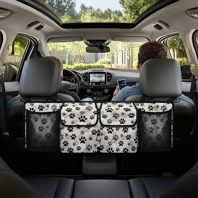 Dog Paw Car Trunk Organizer, Backseat Storage Bag with 4 Pockets, Adjustable Large Capacity Hanging Collapsible Bag for Most Vehicles, Universal Car Accessories
