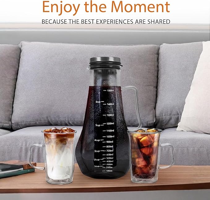 James Bentley Complete Cold Brew Coffee Set – Cold Brew Coffee Maker Glass for Hot and Cool Drinks, Fridge Friendly — Glass Carafe, Stainless Steel Infuser, Double Wall Cups x2, & Cleaning Brush
