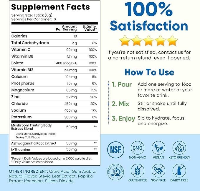 Venture Pal 2-in-1 Hydration Packets + Focus Support Electrolytes Powder, 7 Electrolytes + Vitamins, Magnesium, Lion's Mane & L-Theanine | Sugar Free Liquid Daily IV Drink Mix, Vegan, Keto, 16 Sticks