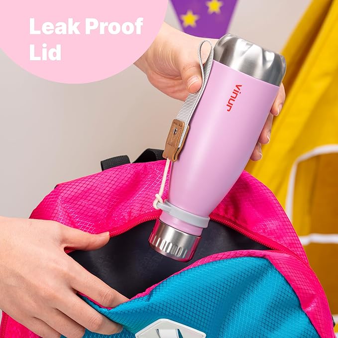 VINUR Kids Water Bottle-12 oz Stainless Steel Double Wall Vacuum Insulated Water Bottle for School-Cola Shape Flask with Carry Rope(Purple Pink)
