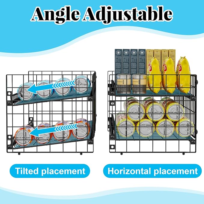 2-Pack Stackable Can Organizer for Pantry Shelf, Adjustable Extra-Long Rolling Can Rack for Kitchen Cupboard Storage, Sturdy Standing Can Holder for Canned Food Goods Soda up to 100, 2 Tier, Black