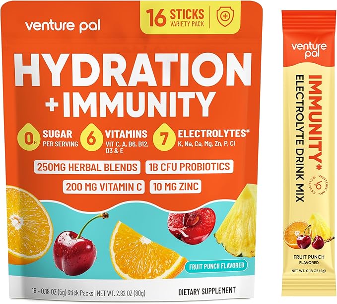 Venture Pal 2-in-1 Hydration + Immune Electrolytes Powder Packets with 7 Electrolytes & 6 Vitamins, Elderberry, Turmeric, Echinacea | Liquid Daily IV Drink Mix | Sugar Free | Keto Friendly, 16 Sticks
