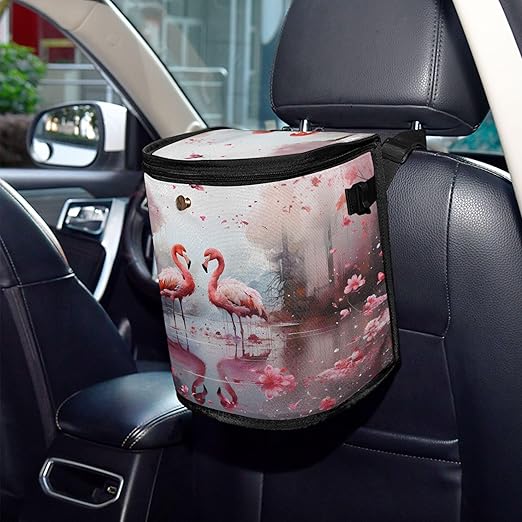 MNSRUU Car Trash Can with Lid, Flamingos and Flowers Car Trash Bag Hanging Organizers and Storage for Front Back Seat, Leak-Proof Trash Bin