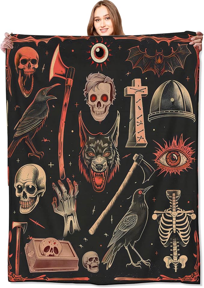Vintage Gothic Horror Blanket,Creepy Goth Skeleton Skulls Bats Fun Throw Blankets,Gifts for Women Men, Lightweight Soft Fleece Cozy,for Couch Bed Room,Festival Halloween Decor,60x80in