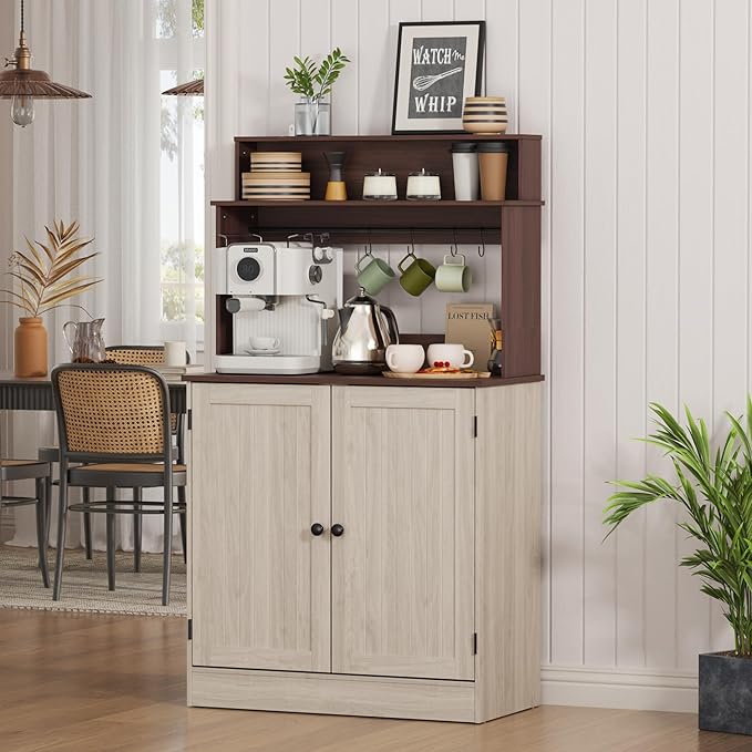MHOM Farmhouse Bar Cabinet with Storage, Coffee Station Cabinet with 5 Hooks, Small Coffee Bar for Kitchen & Living Room, Antique Oak