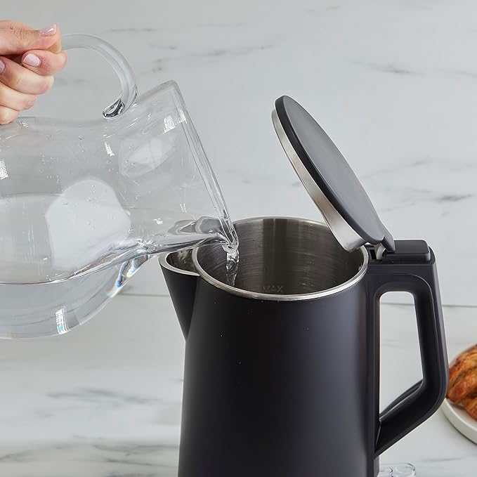 West Bend Electric Kettle Cordless Serving Features Stainless Steel Interior Boil Dry Protection and Auto Shut Off, 1.5-Liter, Black