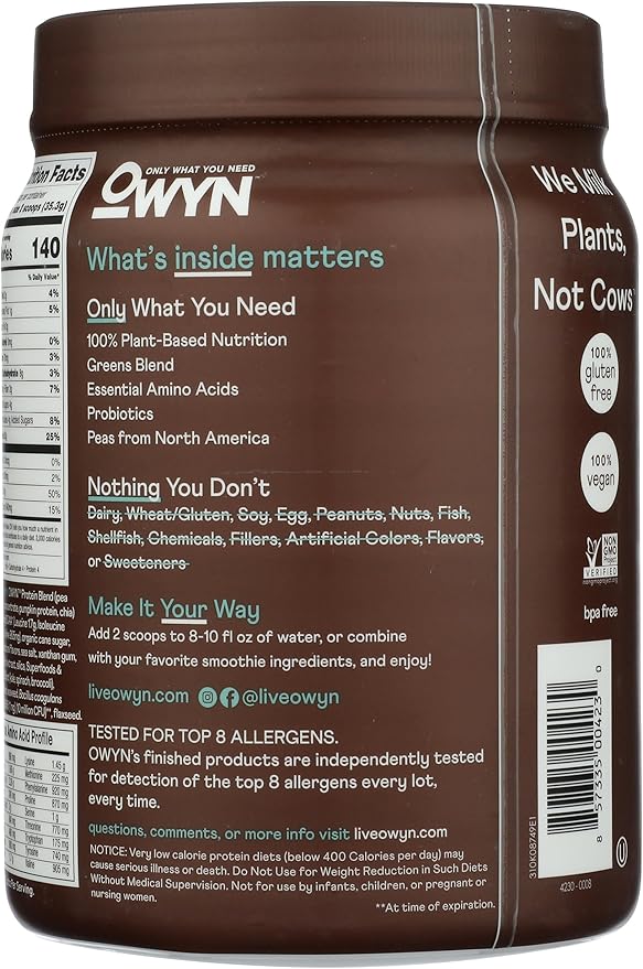 OWYN Only What You Need Plant-Based Protein Powder, Dark Chocolate, 1.17 lbs