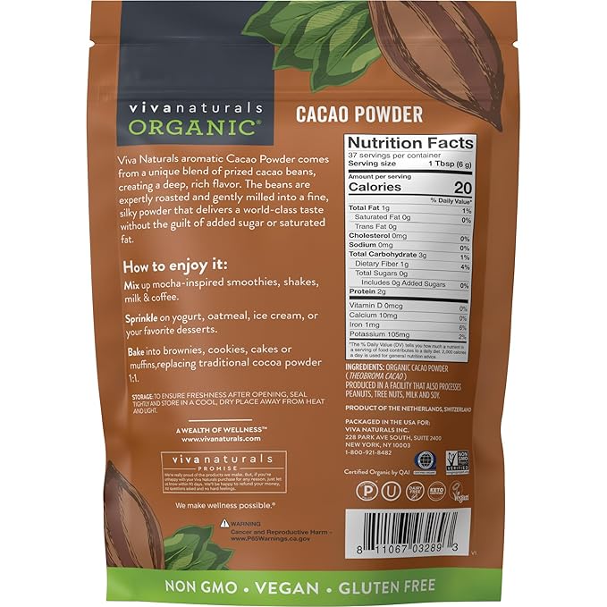 Organic Cacao Powder, Unsweetened, 8 oz (227 g) – Rich Dark Chocolate Flavor, Perfect for Baking, Smoothies & Hot Chocolate – Vegan, Keto, Paleo, Non-GMO & Gluten-Free Cocoa Powder