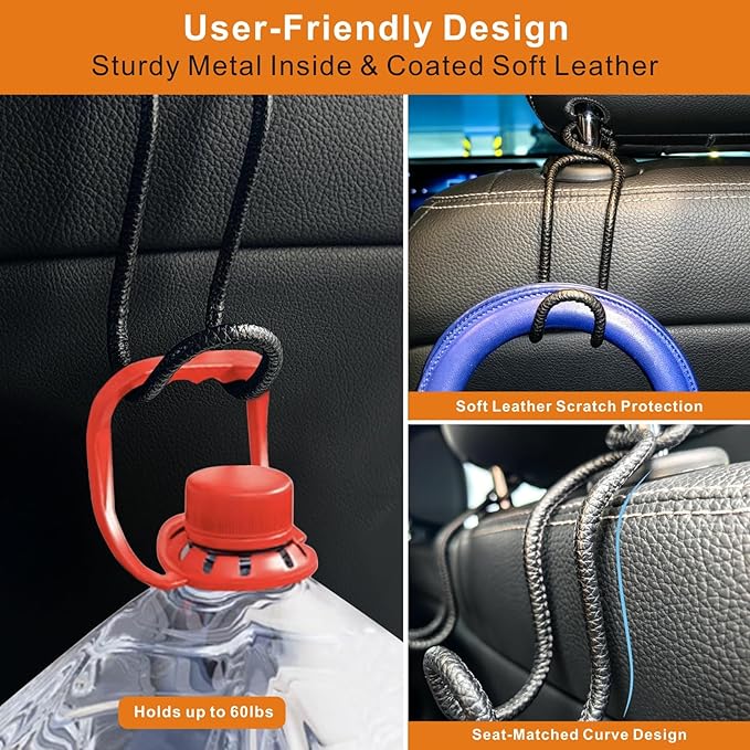 Idefair Car Hooks for Headrest - 2 Pack Car Bag Holder with Lock Loop, Coating Leather Scratch-Free Auto Purse Hanger, Car Seat Back Storage Gadgets Accessories for Jeep SUV Truck - Black Leather/2S