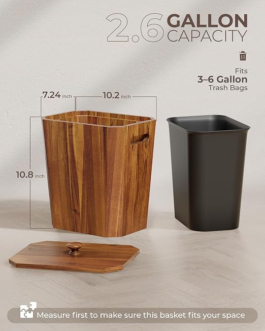 BLUEWEST 2.6 Gallons Acacia Wooden Bathroom Trash Can with Lid & PP Liner – Small Wastebasket with Handle, Decorative Wood Bin for Bedroom, Office or Under Counter Use