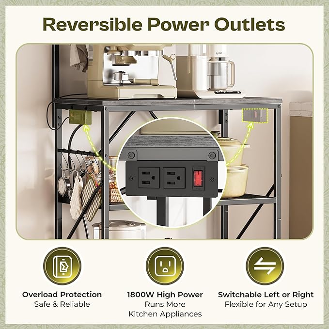 Huuger 4-Tier Bakers Rack with Reversible Power Outlet, 23.6 Inch Microwave Stand, Kitchen Coffee Bar, with Top Shelf, 6 S Hooks, Grey