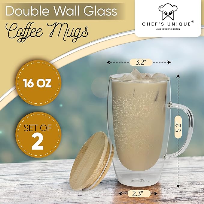 Double Walled Glass Coffee Mugs By Chef"s Unique Insulated Coffee Mugs With Handle And Bamboo Lid, Clear Glass Cups For Coffee Tea Latte Cappuccino Espresso 16 OZ (Set of 2)