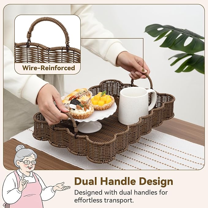 GRANNY SAYS Wicker Decorative Scalloped Trays for Home Decor, Coffee Table Trays with Handles, Woven Rattan Tray for Kitchen Counter, Rectangle Serving Tray Decor for Living Room, Ottoman, Brown
