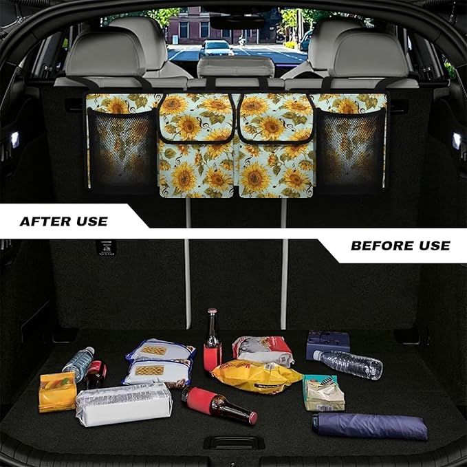 Dreaweet Sunflower Print Car Trunk Organizers for Women Collapsible Backseat Hanging Organizer Large Storage with 4 Pockets Waterproof Cargo Storage Bag for SUV Trucks