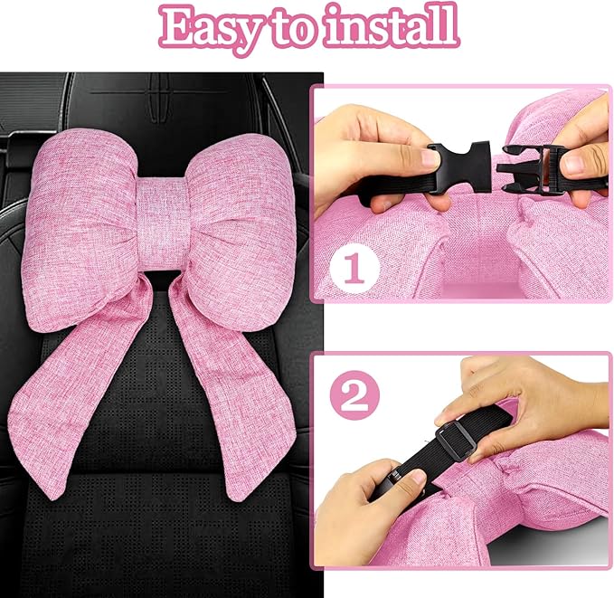 wuyaoyao Bow Car Headrest Pillow, Cute Bow Shape Car Neck Pillow, Soft Comfortable Automotive Seat Headrest Pillows for Driver, Universal Vehicle Neck Support Cushion for Sleeping Travel(Pink)
